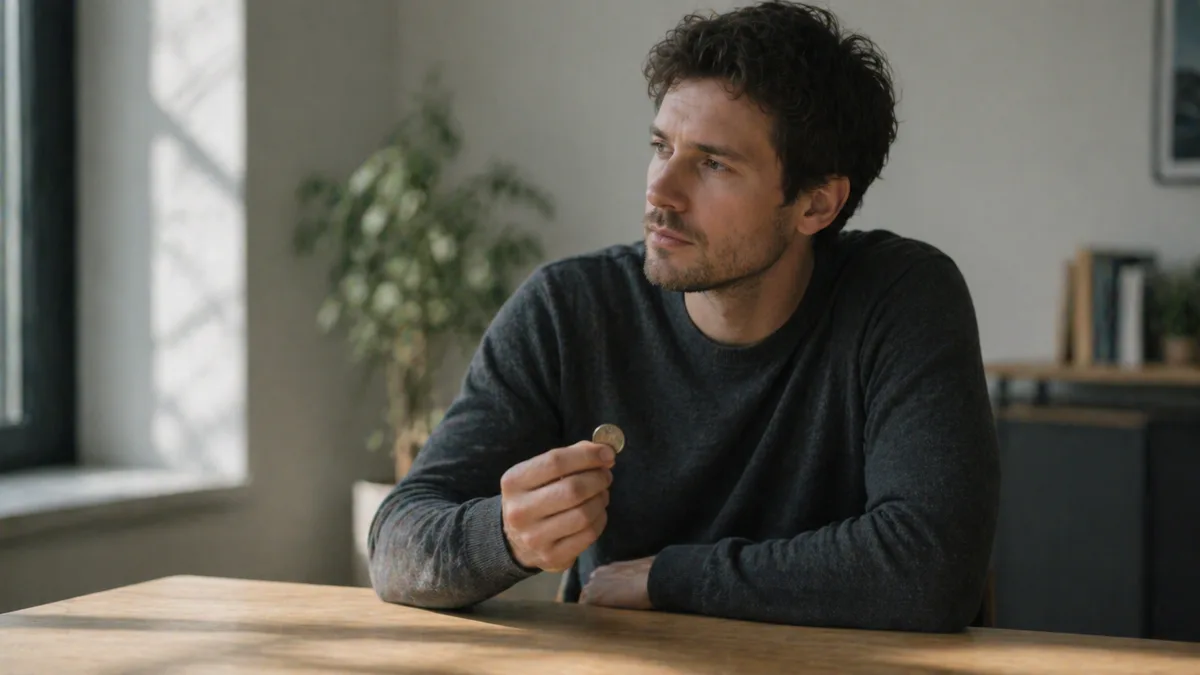 A person holding a coin and thinking about patterns