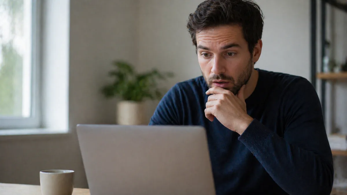 A person reacting to data on a laptop