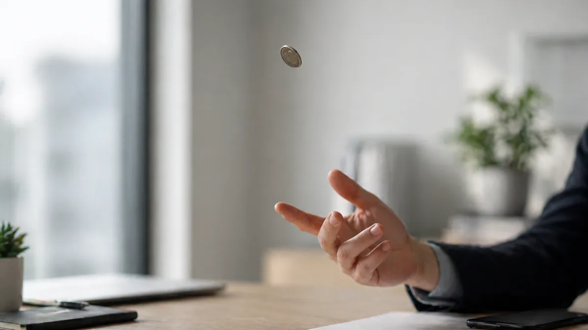 A coin being flipped in an office