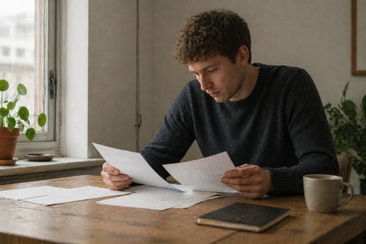 A person reviewing papers at a wooden table beside a window