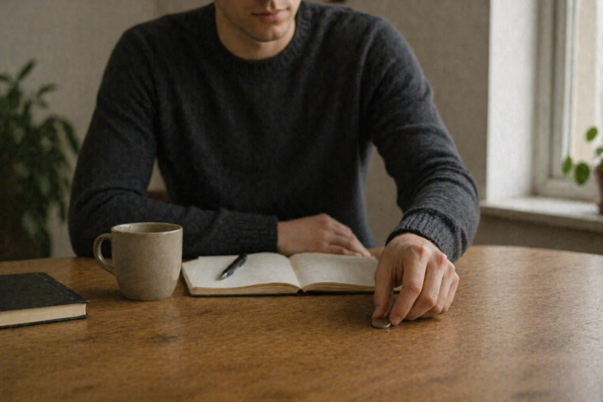 A person placing a coin on a wooden table beside an open notebook