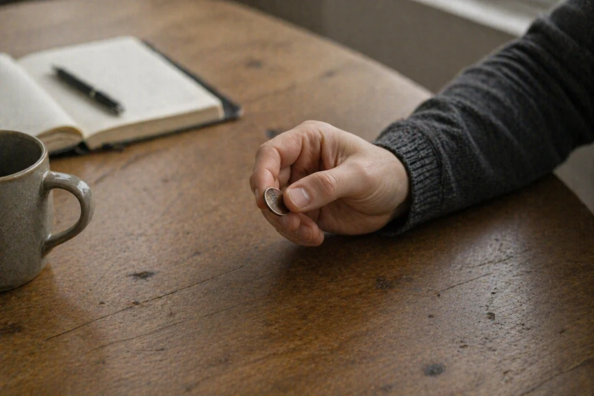 A hand holding a coin above a wooden table beside a notebook and coffee cup