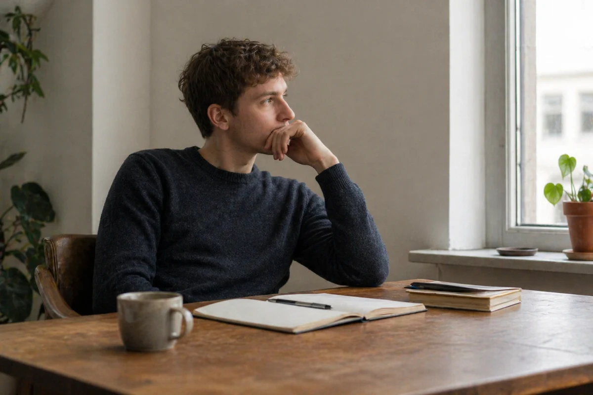 A person sitting at a table and thinking beside an open notebook