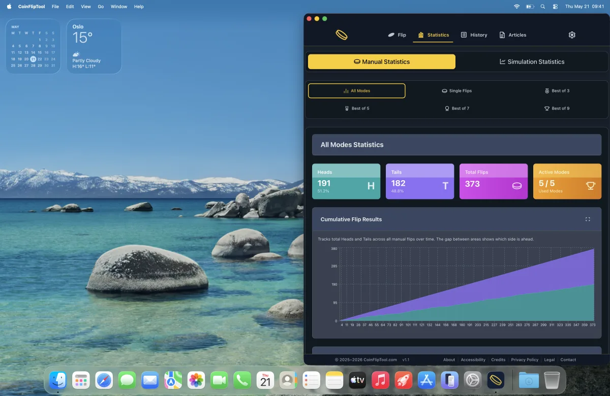 CoinFlipTool running in a wider desktop window with statistics visible.