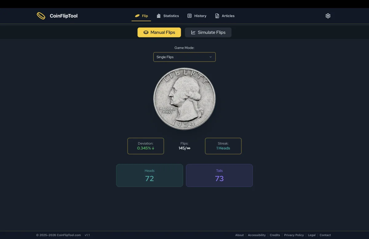 CoinFlipTool running in fullscreen desktop mode on macOS, showing the Manual Flips view.