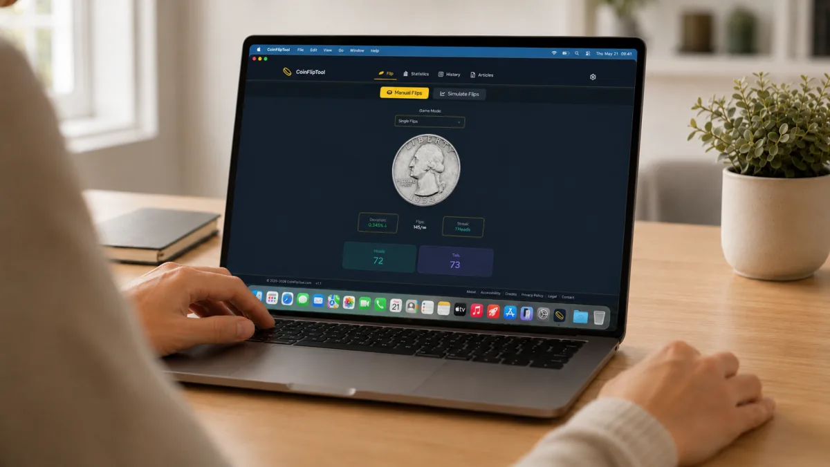 CoinFlipTool running as a desktop-style app window on a Mac laptop