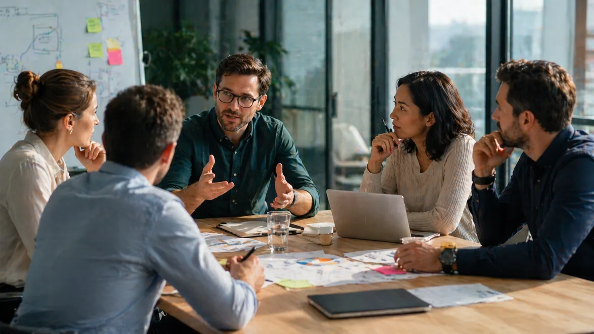 A team discussing options together during a group decision-making meeting