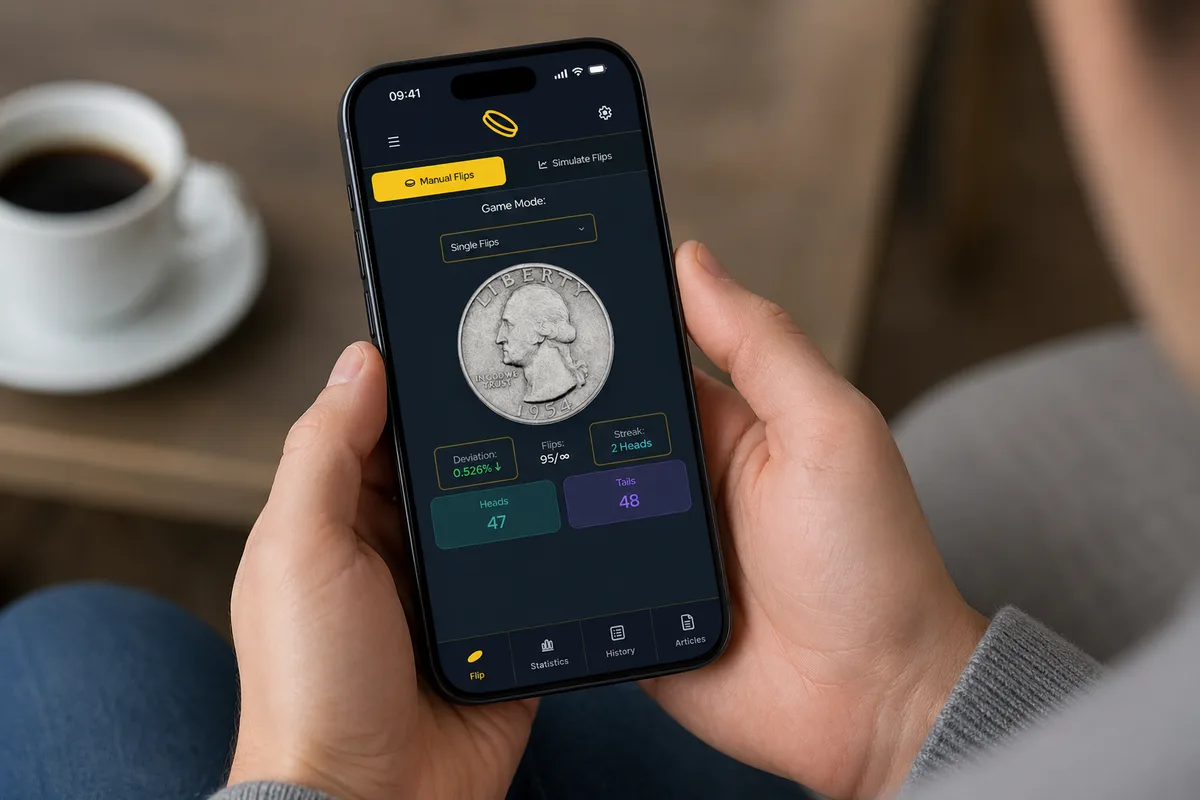 A phone showing a digital coin toss app