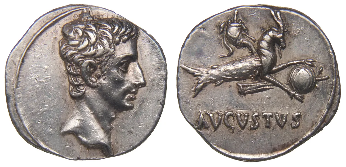 An ancient Roman coin showing Augustus