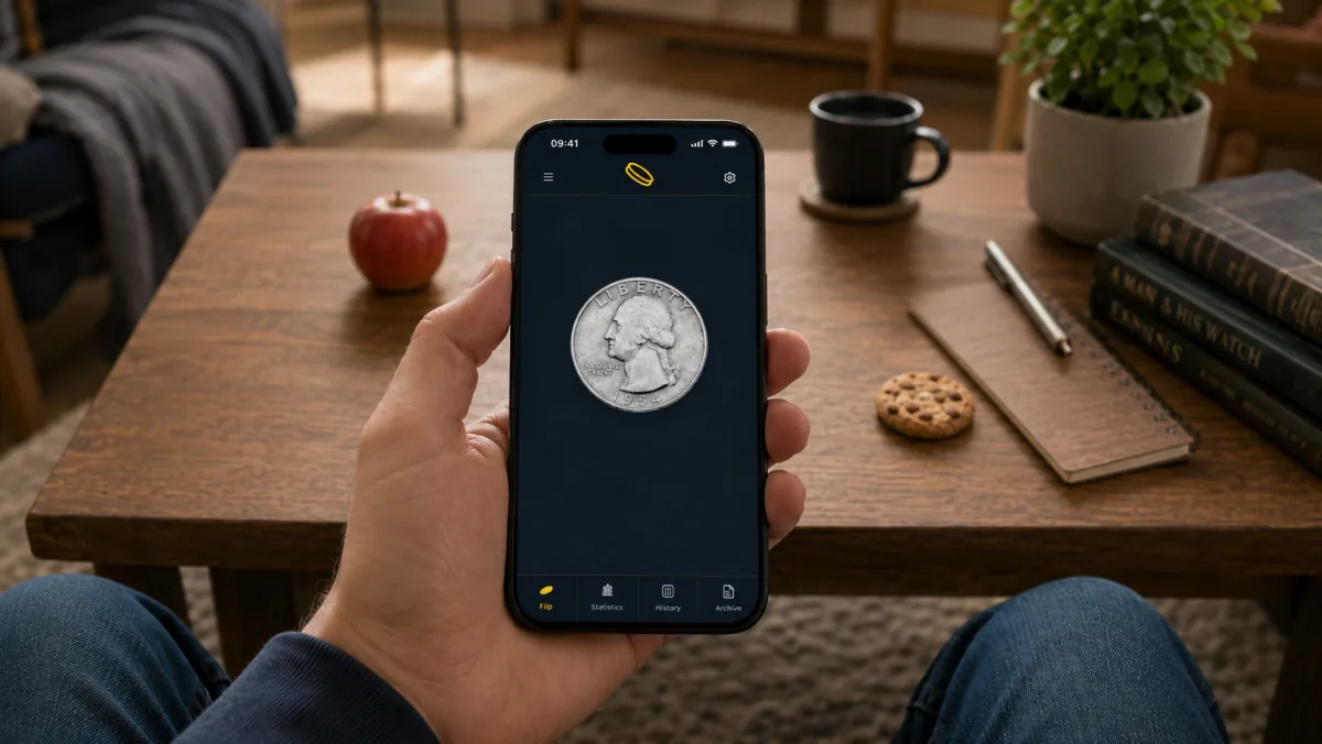 Person holding a phone with CoinFlipTool's Flip a Coin Mode open while deciding between an apple and a cookie on a coffee table.