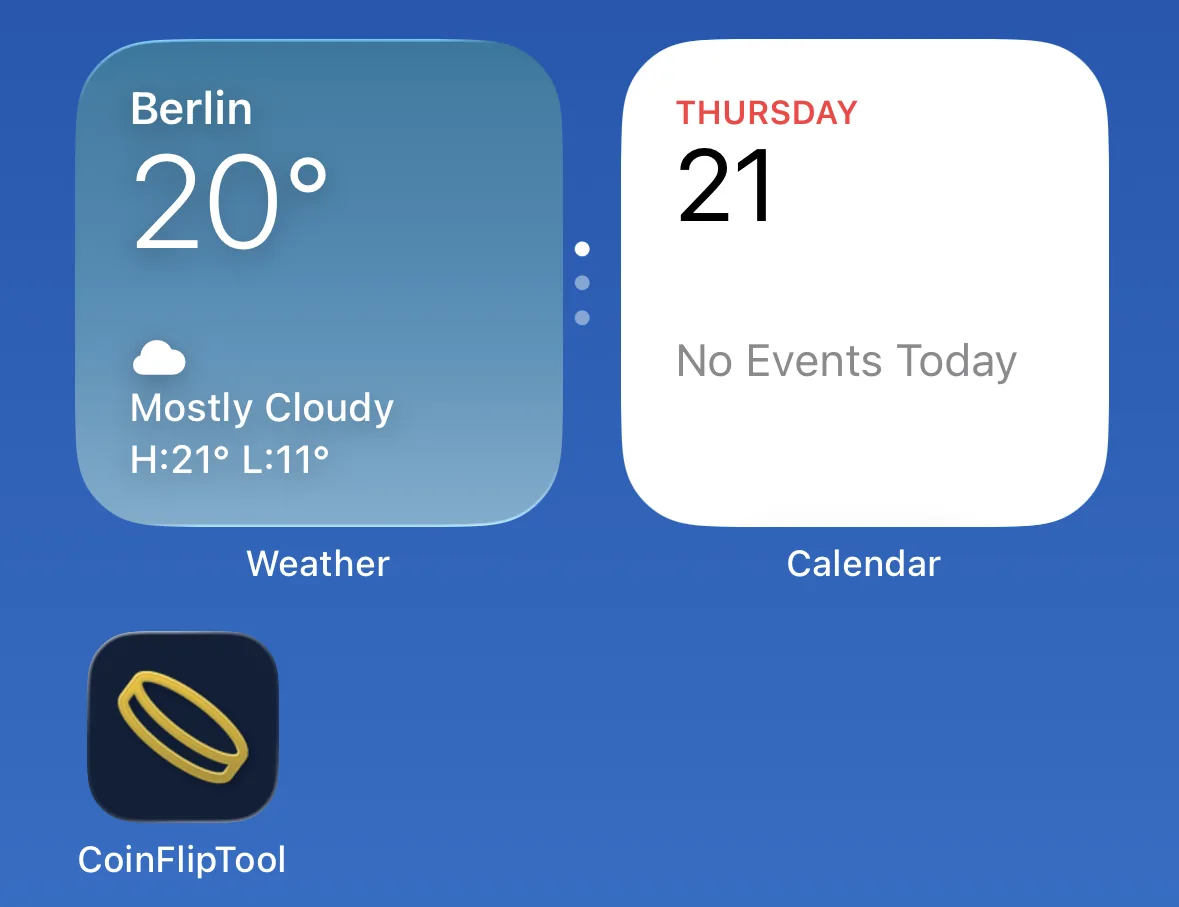 CoinFlipTool icon shown on an iOS home screen below Weather and Calendar widgets.
