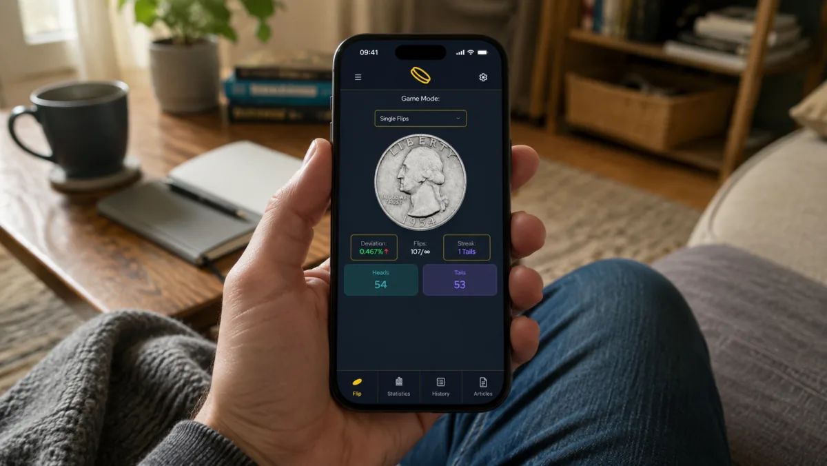 CoinFlipTool running on a phone as a full mobile app interface.