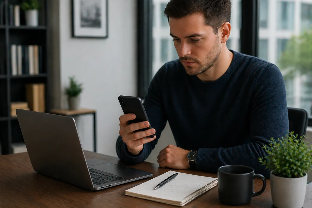 A person using a smartphone beside a laptop and notebook