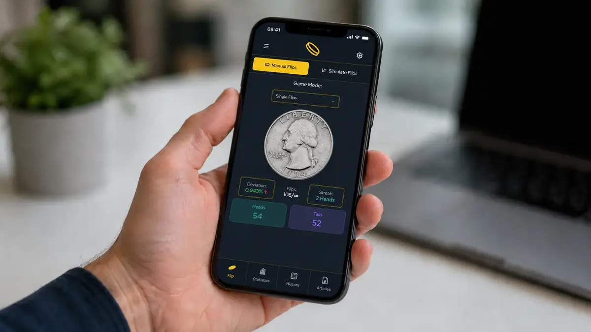 A smartphone showing a coin toss app result