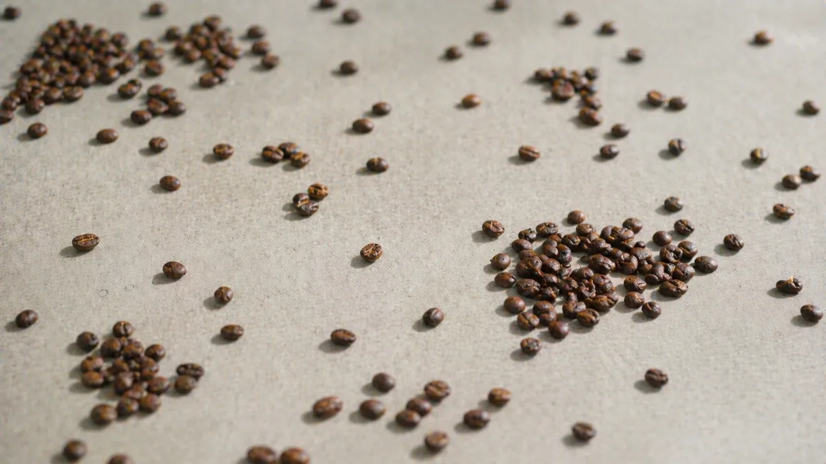 Coffee beans scattered in uneven random clusters