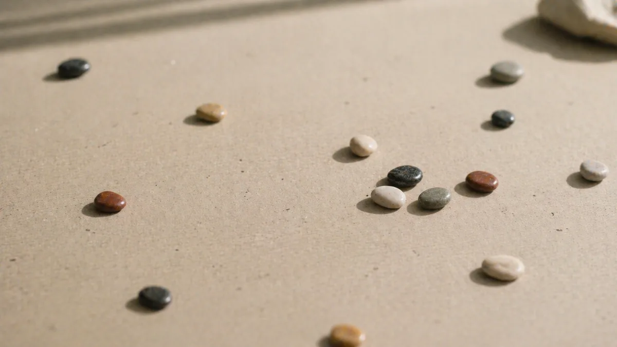 Scattered stones forming random clusters on a flat surface
