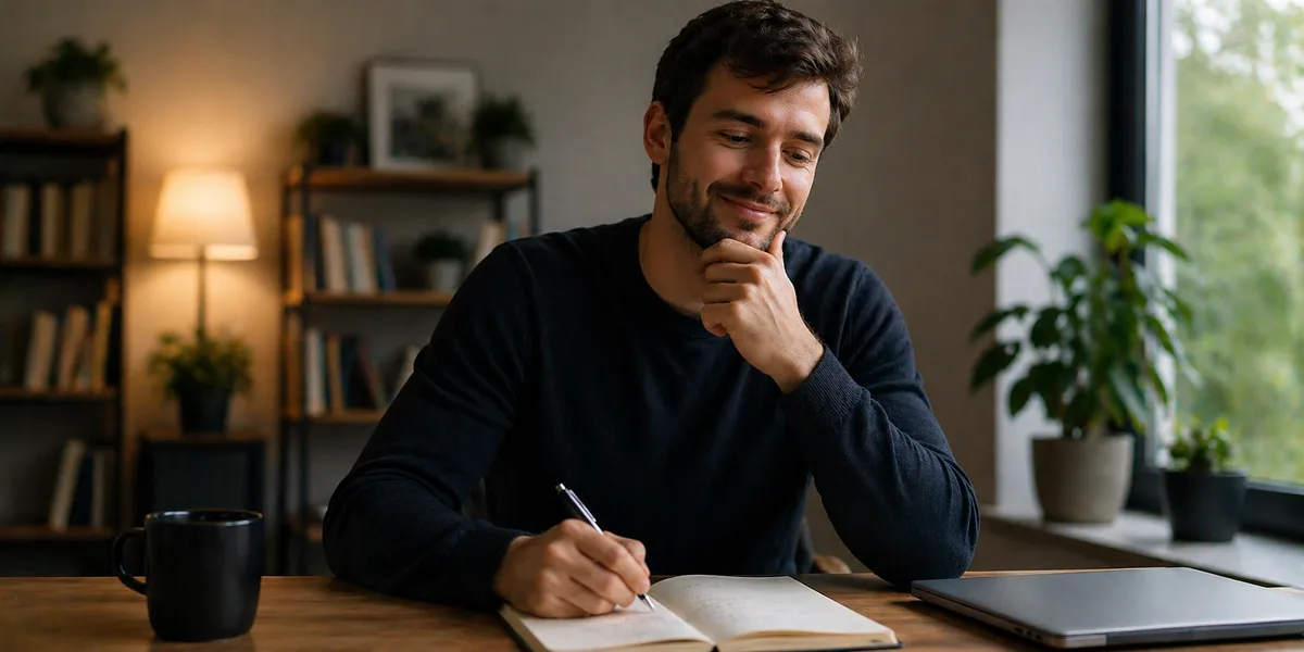 A person smiling while writing in a notebook after reflecting on a decision
