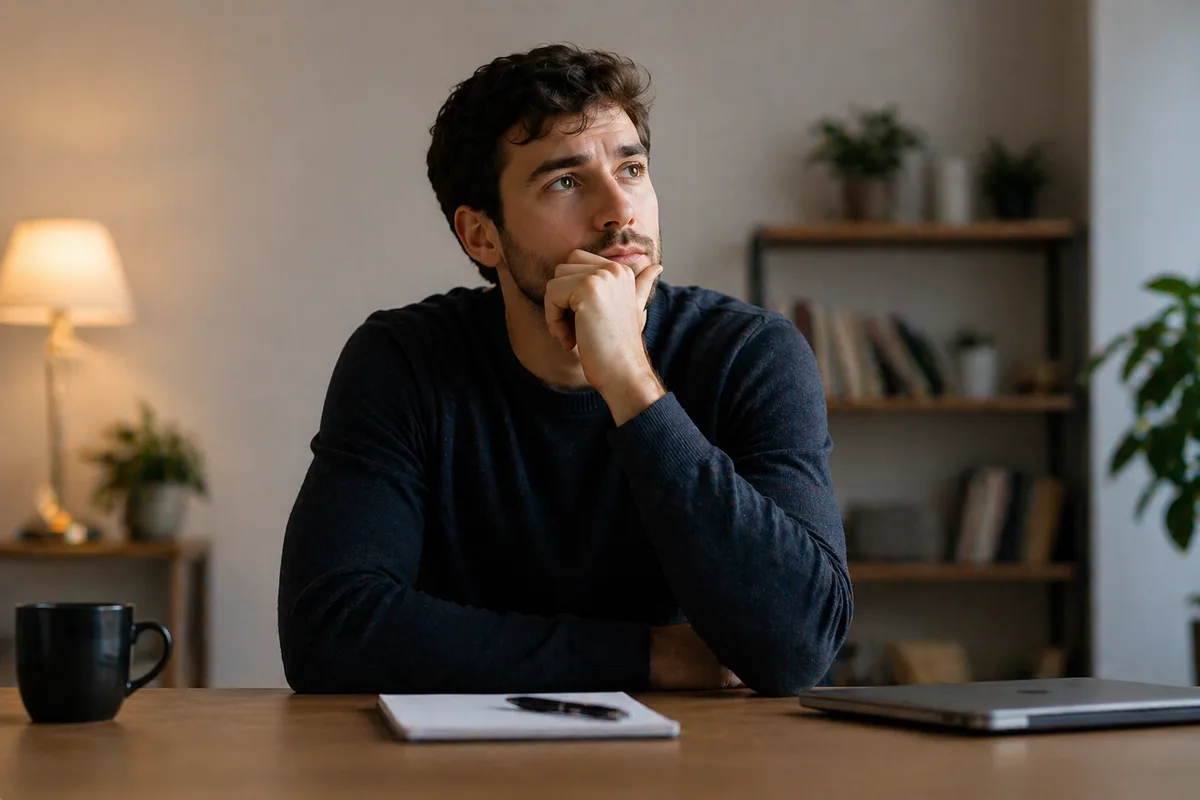 A thoughtful person considering a decision at a desk