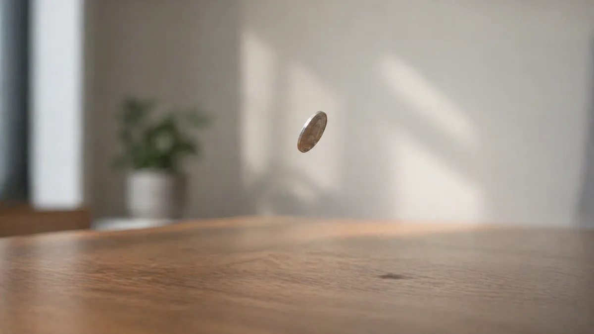 A coin spinning in midair above a table